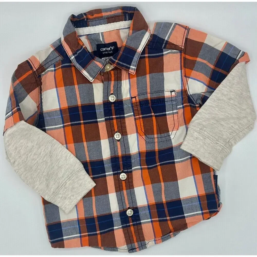 Carter's Button-Up Top Size 6 Months Plaid Orange Blue (888)